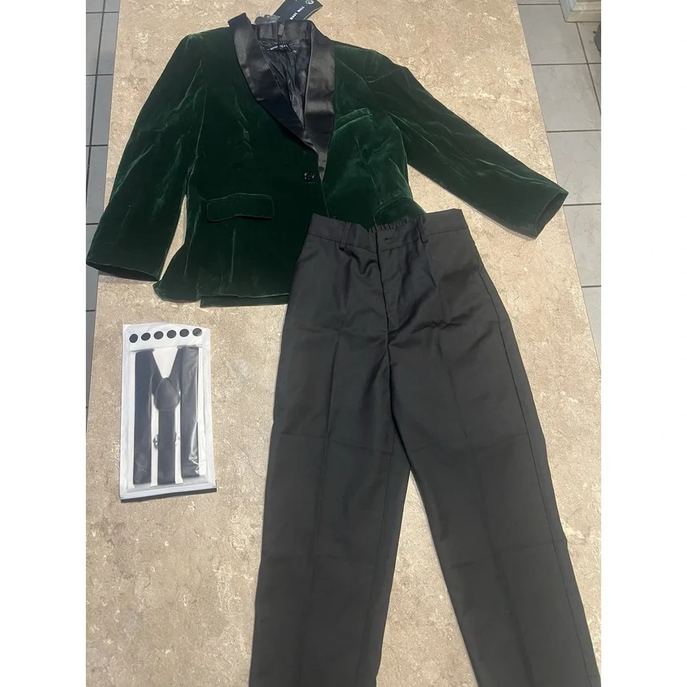 Boys' Suit Set Size 8 KIDS Green Velvet Tuxedo w Suspenders for Wedding Suit